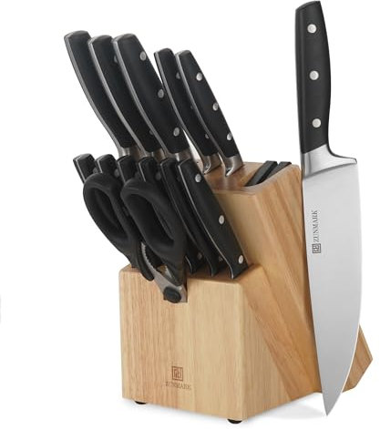 Jeu de Couteaux de Cuisine Professionnel ZUNMARK - 13 Pièces avec Bloc et Aiguiseur,Set de Couteaux Chef Ultra-Tranchants, Idéal pour Particuliers et Professionnels, Design Noir Élégant