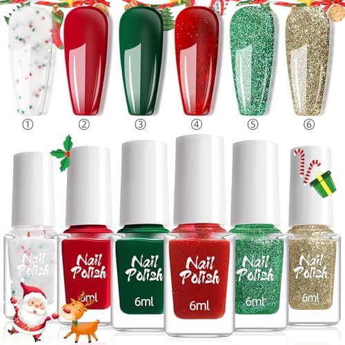 Christmas Nail Polish Set,6pcs Water-based Christmas Nail Varnish,Quick Dry Glitter Nail Polish Christmas,Weak Smell Red Green Gold White Glitter Nail Polish,Nude Red&Green Nail Polish for Christmas