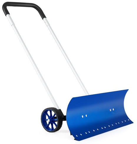 COSTWAY Schneeschaufel auf Rädern, Schneeschild 95 cm, höhenverstellbar, Schneeschieber mit beidseitig geneigter Klinge, Schneeräumer Alu, platzsparend zusammenklappbar