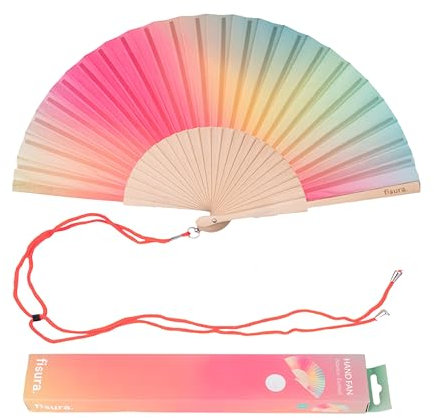 FISURA – Holzfächer mit rosa-grünem Farbverlauf. Moderner, farbenfroher Handventilator mit praktischem Aufhänger. Perfekt für einen frischen Sommerlook. Maße: 42,5 x 23 cm