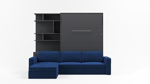 MAXIMAHOUSE Schrankbett Vertikal Invento NOVA 140V (140x200) mit Couch Ecksofa, und Bücherregal, Lattenrost aus Holz, Wandbett Klappbett, Bett im Schrank (Anthrazit+Blau)