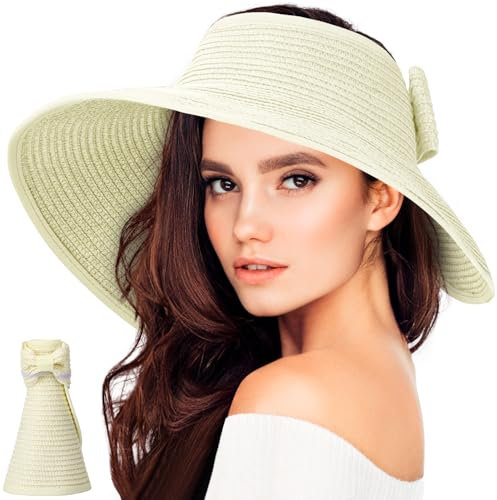 BellaGesundheit Sombrero de Paja Plegable para Mujer, protección UV UPF 50+, Sombrero de Verano para Playa y Actividades al Aire Libre (Blanco Crema)