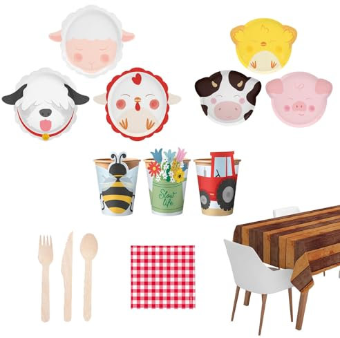 OH YEAH - Vajilla Temática de Cumpleaños Infantil para 12 Personas - Decoración para Fiesta con Tema Granja - Kit Mesa con Platos y Vasos