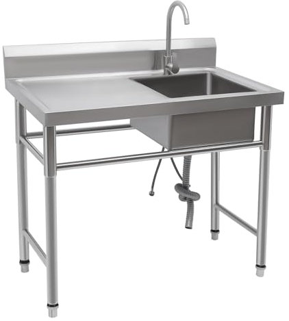 Lavabo in acciaio inox con 1 lavandino (a destra) 201 in acciaio inox 100 X 60 X 93 cm, lavello da cucina commerciale con rubinetto estraibile, lavandino esterno per cucina garage ristorante