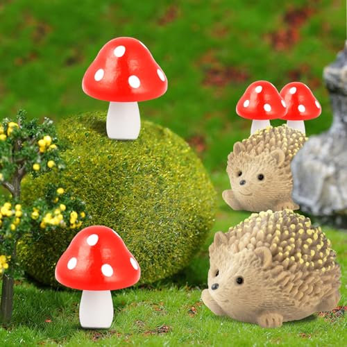 Feengarten-Zubehör, Mini-Igel und Holzpilz-Figuren, Mikro-Holz-Pilz für Wildlandschaftstöpfe, handgefertigt, DIY-Dekoration, 6 Stück