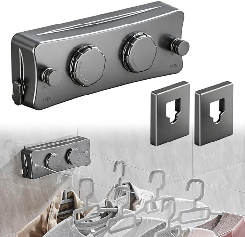 Feelhap Tendedero retráctil, 2 x 5,1 m de acero inoxidable, cuerda de lavandería retráctil, tendedero de pared ahorra espacio, cuerda para ropa retráctil para interiores y exteriores, gris
