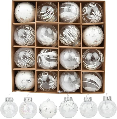 16 Stücke Weihnachtskugeln Kunststoff - Christbaumkugeln Kunststoff Kleine Weihnachtsbaum Kugeln Weihnachtskugeln mit Schlüsselband für Christmas Decorations(Weiß)