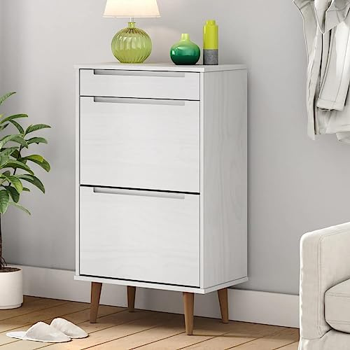SKTQYQO Molde Schuhschrank aus massivem Kiefernholz, weiß, 59,5 x 35 x 103 cm, mit 2 klappbaren Schubladen und 1 normalen Schublade zur Organisation von Schuhen und Gegenständen, UV-Lack, resistent