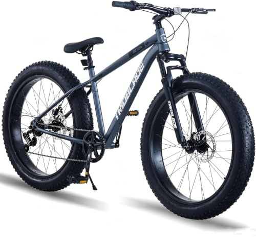 26 Inch Fat Tyre Mountain Bike for Adults, All Terrain Mountain Bike Bicycle with 7-Speed Gears Unisex MTB Men Women Bike w/Front Suspension & Dual Disc Brakes, 90% Pre-Assembled Capacity (Grey)