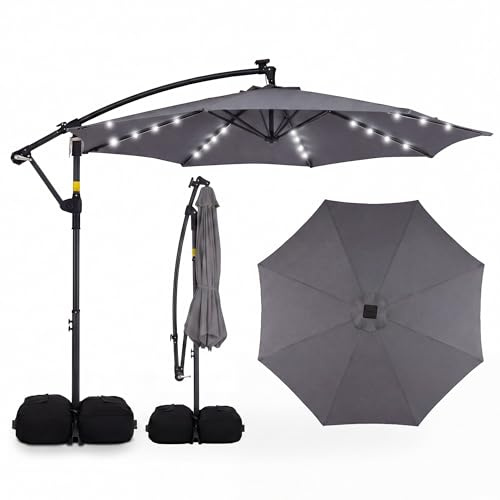 GOPLUS 300 cm Sombrilla Terraza Exterior con Base, Parasol de Jardín con 8 Varillas, 32 Luces LED Solares, Manivela, Rotación 360°, Protección UV para Balcón o Playa (Gris, 3 M con Base)