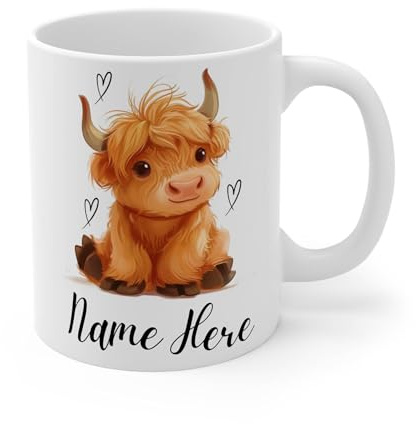 Personalised Highland Cow Mug Custom Name, Cute Cow Mug Gift for Her, Girlfriend, Daughter, Highland Cow Coffee Cup, Unique Personalised Gift (White 11oz, Mug)