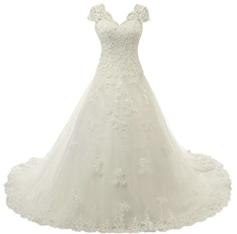 Vantexi Élégant V-col A-Line Longue Dentelle Robes de mariée Robe de mariée Vêtements de mariée Ivoire Taille 36