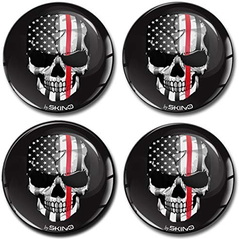 SkinoEu® 4 x 60mm Autocollant 3D Silicone Cache-Moyeu, Capuchons de Centre Enjoliveurs de Roue Voiture Cache Moyeux Jante Universel Cache-Moyeux Logo Bandera USA Crâne Ligne Rouge A 3260