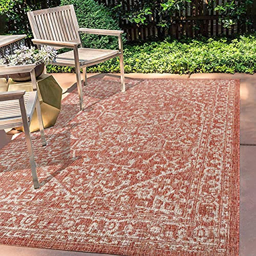 JONATHAN Y SMB104A-8 Malta Bohemian Medallion Textured Weave Indoor Outdoor Area Rug, Coastal, Traditional, Easy Cleaning,Bedroom,Kitchen,Backyard,Patio,Non Shed, Red/Taupe, 240 cm X 300 cm