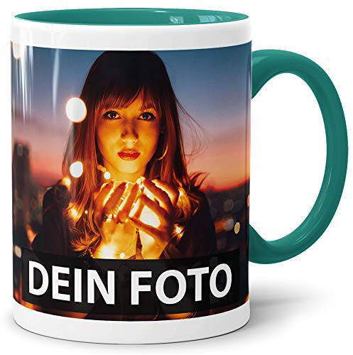 Foto-Tasse zum selbst gestalten mit Foto und Text/mit individuellen Druck in Profiqualität/Personalisierte Geschenk-Idee mit Bild/Türkis