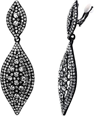 EVER FAITH Damen Ohrclips Hänger Kristall Hochzeit Braut Party Vintage Charm 2 Blatt Ohrringe Clip Klar Schwarz-Ton