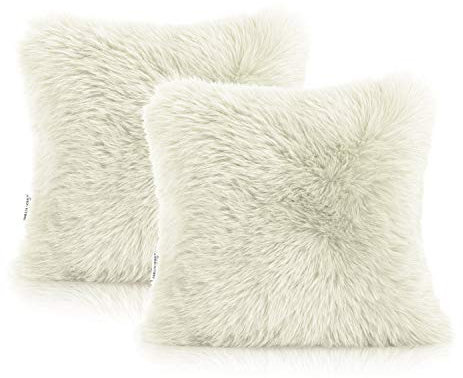 AmeliaHome Kissenbezüge Lammfell Kunstfell 2er Set Kissenbezug Deko Kissenhülle 45 x 45 cm Dokka Ecru