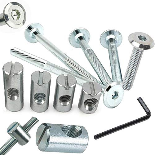 Baby Cot Bed & Furniture Connecting Bolts Complete With Barrel Nuts & Allen Key (4 Bolt + 4 Nuts & 1 Allen Key) (M6 x 60mm, Nut Size 20mm)