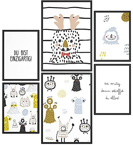 Papierschmiede® Bilder Kinderzimmer Kids Mood Poster Set Happy Monster, Kinderzimmer Bilder Babyzimmer Deko, 2x DIN A3 und 4x DIN A4, Du bist einzigartig - Kinderposter ohne Rahmen