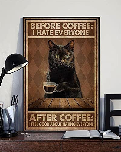 Metall-Blechschild mit schwarzer Katze und Kaffeeliebhaber vor Kaffee, für Männer und Frauen, Wanddekoration für Bars, Restaurants, Cafés, Pubs
