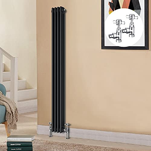 Blümme Cast Iron Radiator Traditional Vertical 3 Column Central Heating Radiators Anthracite 1800 x 200mm with Angled Pair of Valves