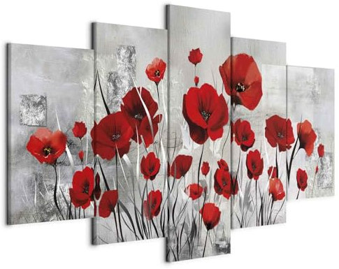 B&D XXL - Quadro Fiori Papaveri 225x112 cm 5 Pezzi - Stampa su Tela Canvas in TNT Tessuta - Quadri Componibili Moderni Soggiorno Grandi - Murale Arte Decorazioni da Parete Decori - Fiore rosso grigio