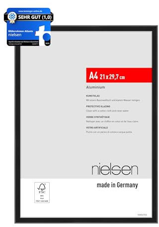 nielsen Bilderrahmen, 21 x 29,7 cm (A4), Aluminium, Schwarz matt, Dokumentenrahmen zum Aufhängen im Hoch- & Querformat, bruchsicheres Kunstglas, Atlanta