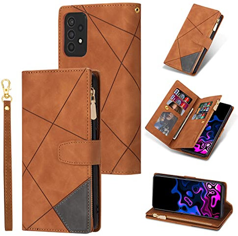 UEEBAI Hülle für Samsung Galaxy A53 5G, Retro Reißverschluss Handyhülle PU Leder Handytasche Bumper mit 9 Kartenfächer Standfunktion Geldbörse Trageband Schutzhülle Flip Wallet Case - Braun Raute