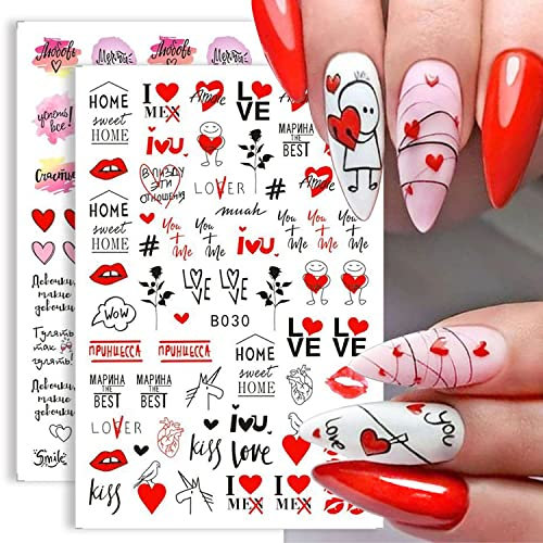 9 Sheets Valentines Day Nail Art Stickers Decals Self-Adhesive Wedding Red Heart Love Kiss Lip Rose Flower Nail Supplies Nail Art Design Decoration Accessories