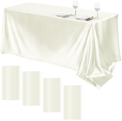 TURSTIN 4-pack satinbordsduk 250 x 145 cm överlägg satin bordsskydd rektangel ljus silkestduk slätt tyg bordsdekoration för bröllop bankett fest evenemang, elfenben