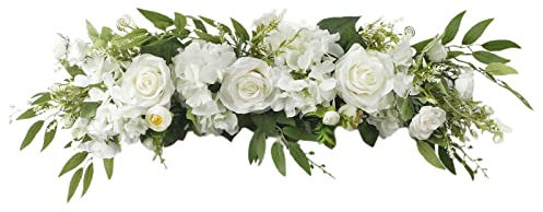 MISNODE 65 cm Hochzeitsbogen Blumen, künstliche Pfingstrosen, Kunstseide, Rose, Blumengirlande mit Blättern, Frühlingsgirlande für Sturz, Haustürdekoration, Weiß