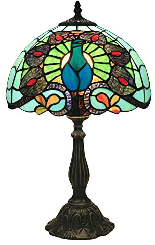 BOTOWI Pfauentischlampe im Tiffany-Stil, 12-Zoll-Vintage-Buntglas-Schreibtischleuchten, antike Nachttischlampen aus Zinklegierung zum Lesen, Schlafzimmer, Wohnzimmer, Café, Bar, E27/E26