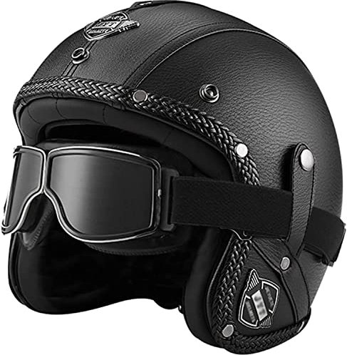 Jethelm Retro-Leder-Motorradhelm 3/4-Jet-Brille Modische Abnehmbare Krempe DOT/ECE-Geprüft Für Männer Und Frauen Halbhelm A,L(59-60CM)