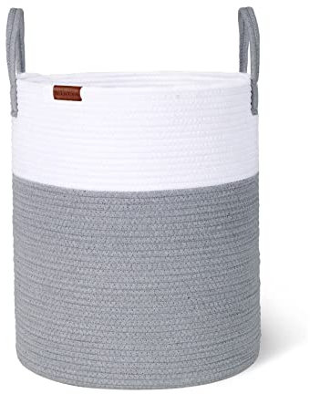 Wintao Storage Basket, Woven Baby Washing Basket Cotton Rope Laundry Hamper Toy Storage Grey Tall & Large 40 x 45 cm