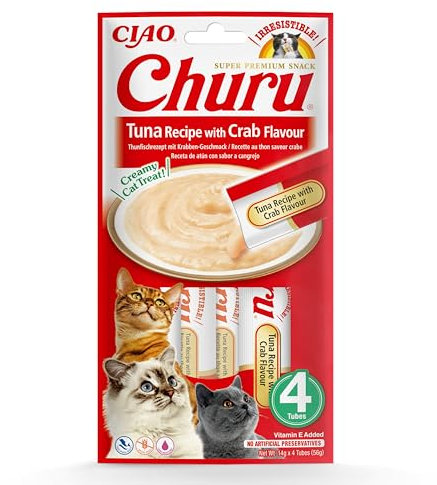 Ciao Churu Sticks by INABA Cat Treat - Tuna & Crab Flavour (4 x 14g) / Soft & Creamy Cat Treat, Delicious & Healthy Snack, Squeezable Purée Food Topper, Pill Assist, Natural, Grain Free