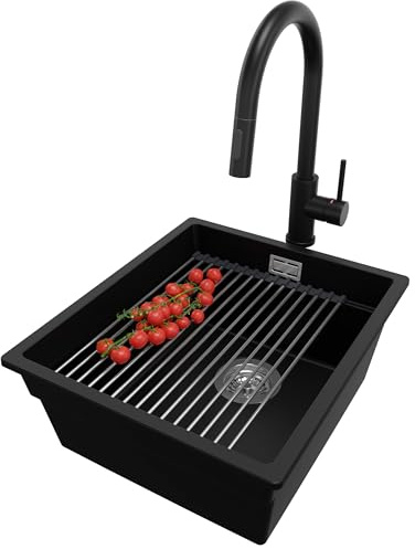 PRIMAGRAN Unterbauspüle ab 45er Unterschrank + Küchenarmatur, 41x47cm | Set: Küchenarmatur BW9010 + Ablauf-Set + Abtropfmatte + Spülbecken 1 Becken - Prag Level, Schwarz
