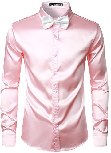 PARKLEES Chemise à manches longues en satin brillant similaire à de la soie - pour homme - pour fête, soirée disco, bal de promo, rose, L