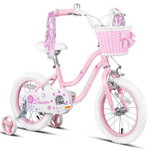 Glerc Daisy 16 Zoll Kinderfahrrad Alter 4 5 6 7 Jahre alte Mädchen Fahrrad mit Stützrädern & Korb & Luftschlangen,Rosa