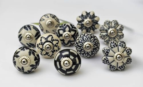 ARTISNO Ceramic Black and White Knobs Kitchen Cabinet Drawer Knobs Hardware Knobs Handmade Knobs Cabinet Knobs Ceramic Door Knobs. Set of 10 (Design a)