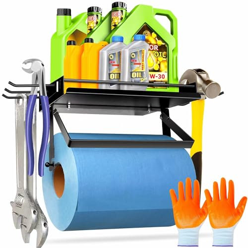 Upgrade Garage Paper Towel Holder with Shelf, Premium Metal Paper Towel Holder Wall Mount with 6 Hooks, One-Hand Tear, Garage Organization&Storage, Heavy Duty Holds 50 lbs, Perfect Quick Clean Station
