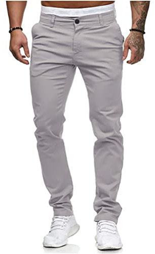 Osheoiso Hommes Chino Pantalon Couleur Unie Chic Pantalon Décontracté Coupe Ajustée Pantalon Streetwear Jeans Moulants Trekking Cargo Pantalon Extensible A Gris Clair L