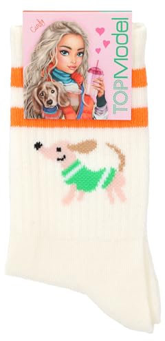 Depesche 12620 TOPModel City Girls - cremefarbene Socken mit orangefarbenen Streifen und Dackel-Motiv, Größe 31-35