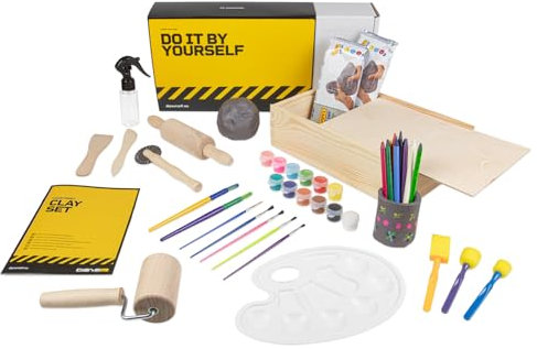 DIBYS Töpfer-Set für Kinder | Mit Ton lufttrocknend & grau, Holzwerkzeug, Farben, Pinsel & Anleitung | Kreatives DIY-Set mit Box zum Basteln & Bemalen | Geschenk-Ideen für Mädchen & Jungen