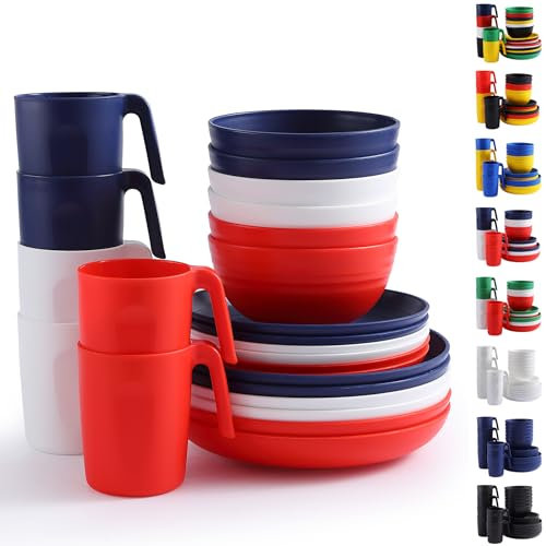 Berglander vaisselle en plastique 24pcs pour 6, FR Color Assiettes et bols réutilisables comprenant des assiettes à dîner, assiette à dessert, bols de céréales, tasses pour la maison, jardin, pique-