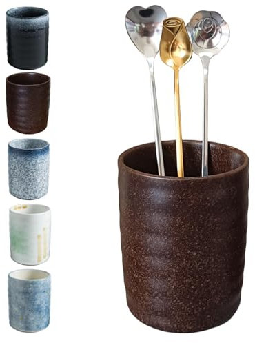 Stoneware Coffee Spoon Holder for Coffee Bar Accessories, Tea Spoon Holder Jar Teaspoon Holder Coffee Stirrers Holder Coffee Spoon Cup, Coffee Stir Stick Holder Small Utensil Holder (Rustic Brown)