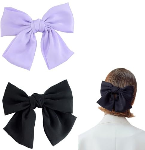 Bow Hair Clip,BAIYSFFG 2Pcs Hair Bows for Women Big Bowknot Hairpin French Hair Clips with Ribbon Solid Color Hair Barrette Clips Soft Satin Silky Hair Bows for Women Girls(Black,Light Purple)
