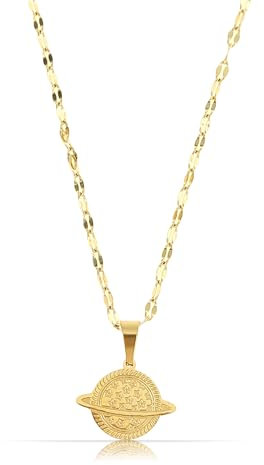 Made by Nami Edelstahl Halskette Damen Gold mit Planet Anhänger Schmuck Geschenk Freundin 40 + 5 cm lang (Planet)