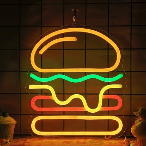 Attivolife Hamburger Neon Sign for Wall Decor, Light up Delicious Food Lamp with Dim USB Powered, Unique Business Fast Food Shop Restaurant Decoration, Christmas Day Birthday Party