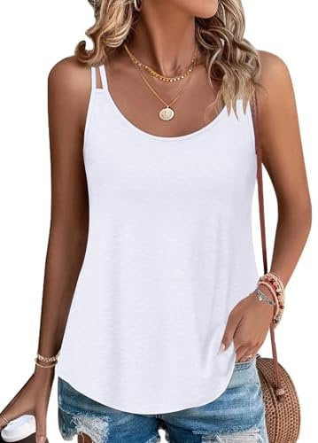 PLOKNRD Damen Tank Top Sommer Spaghetti Oberteile Ärmellose Rundhalsausschnitt Shirt Blusen Tops Weiß XL