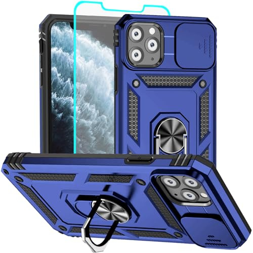 Aozuoton for iPhone 11 Pro Case with Screen Protector：Dual Layer Military Grade Drop Protection Magnetic Ring Kickstand - Camera Lens Protective Phone Case for iPhone 11 Pro blue